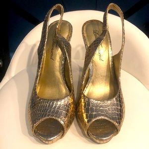 Lulu Townsend Gold Snake Slingback Heels